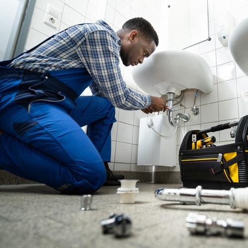 A Plumber Repairs a Sink.